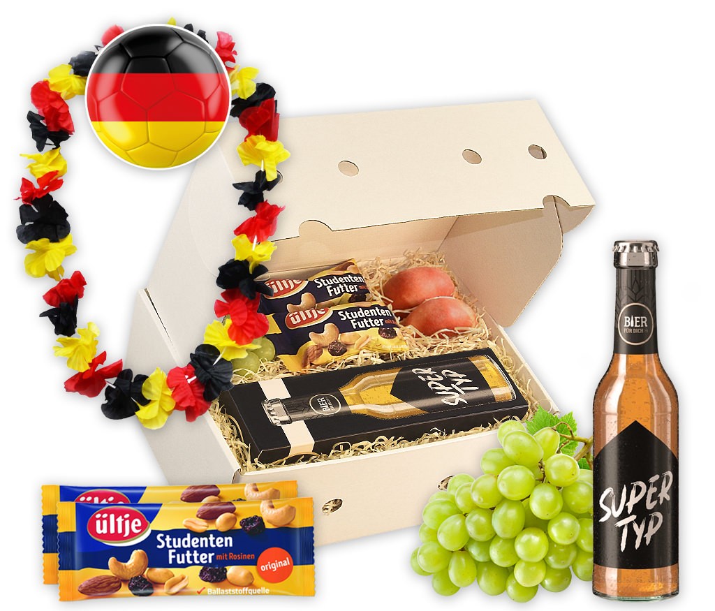 Geschenkbox "Supertyp" mit Bier, Nusskernen, BIO Brezeln, Schokolade und frischem Obst